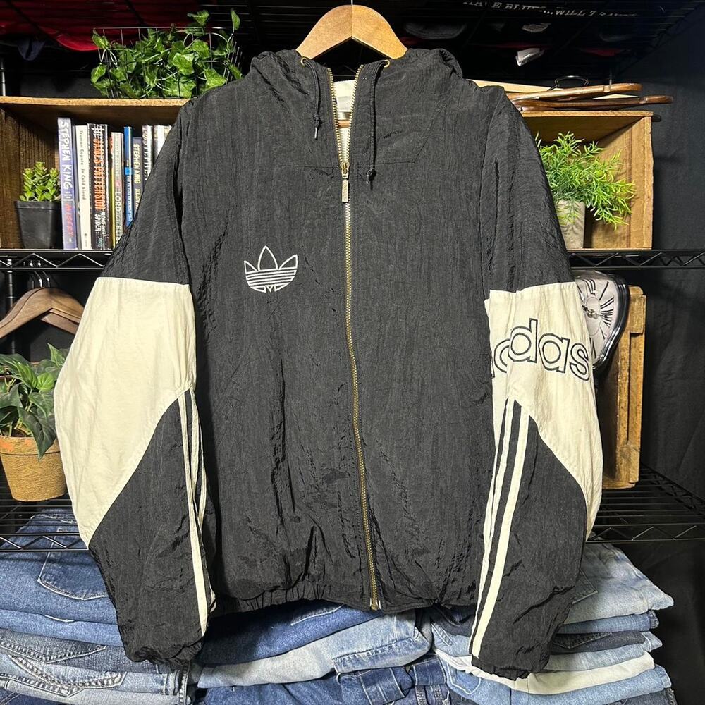 Vintage 90s Adidas Windbreaker XL Triple Stripe Embroidered Black White Jacket